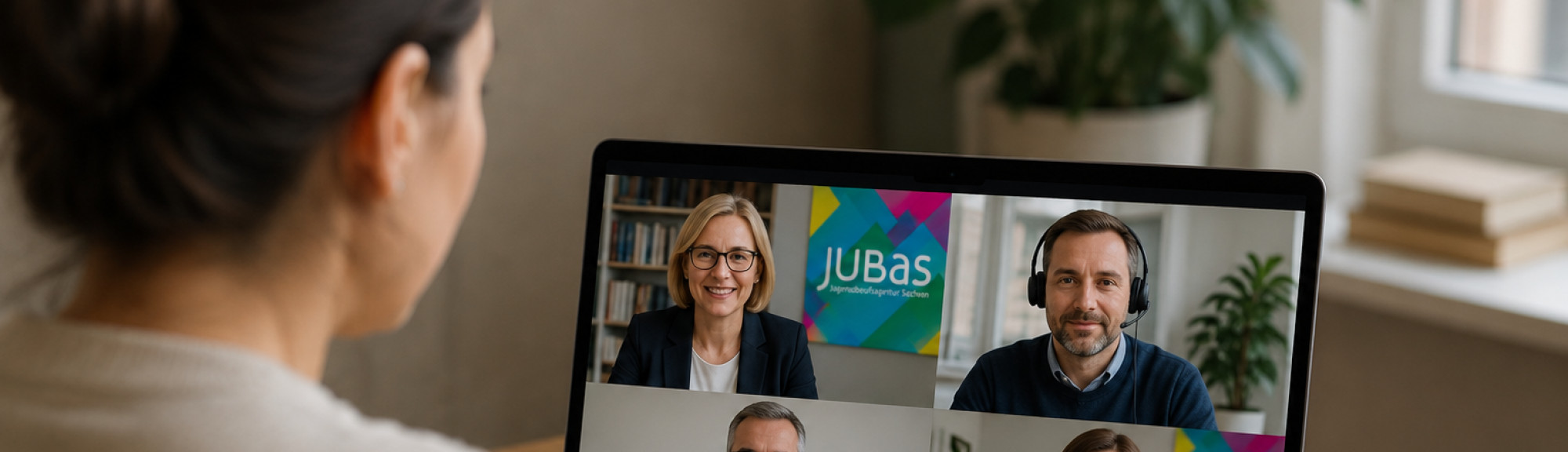Person nimmt von hinten an einer Videokonferenz teil und auf dem Laptop sind vier Teilnehmende und einmal das JubaS-Logo zu sehen