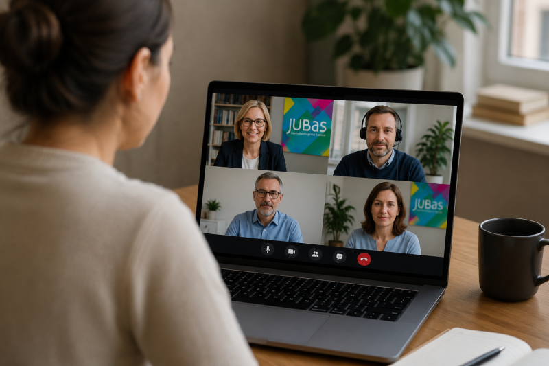 Person nimmt von hinten an einer Videokonferenz teil und auf dem Laptop sind vier Teilnehmende und einmal das JubaS-Logo zu sehen